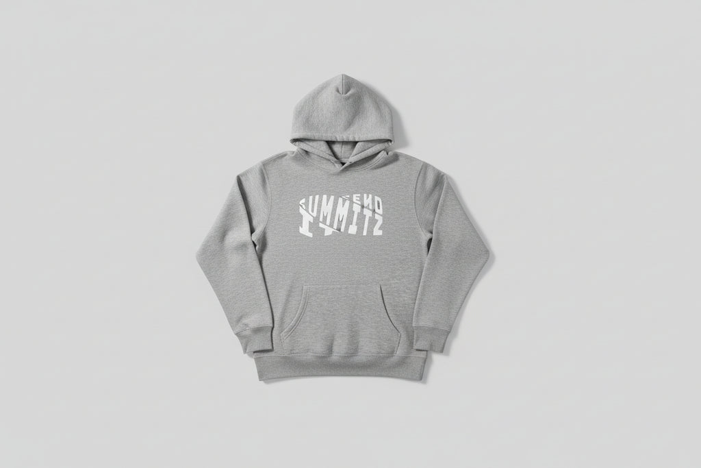 Gray hoodie with 'Summitz' logo on a textured surface