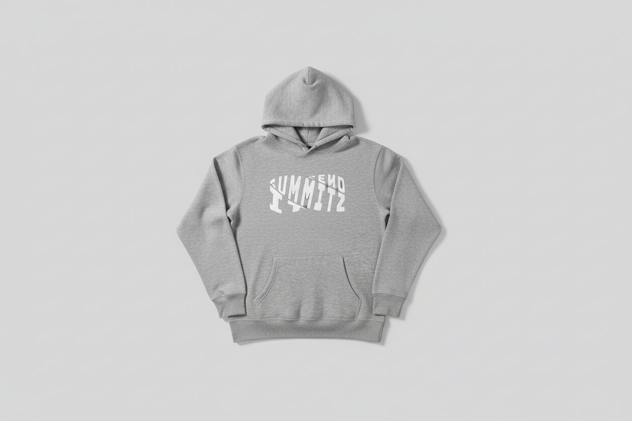 Gray hoodie with 'Summitz' logo on a textured surface