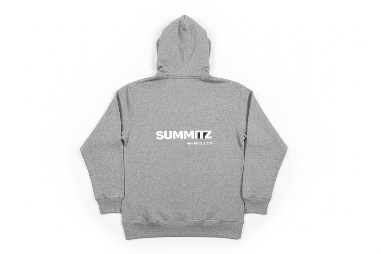Gray hoodie with 'Summitz' logo on a beige surface