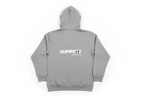 Gray hoodie with 'Summitz' logo on a beige surface